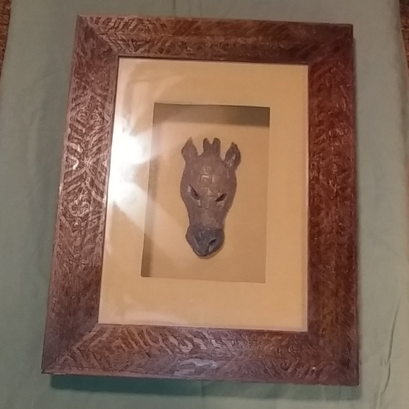 SALE! Wooden Tribal Carved Giraffe Mask Shadowbox Framed Safari Art MUST SEE - Picture 1 of 5
